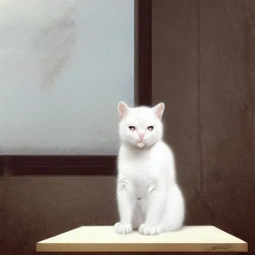 Image similar to A little white kitty sitting on a table, Graceful body structure,cute,Symmetrical face,highly detailed,elegant,Marc Simonetti and Caspar David Friedrich, Trending on artstation