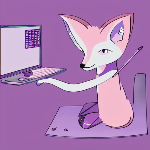 Image similar to Vixus is a light-pink anthropomorphic fox with purple hair and pierced ears. She is hacking a computer. A cup of steaming coffee sits on her desk. Side perspective. Digital art.