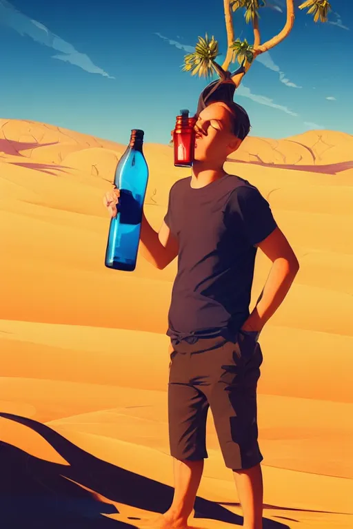 Image similar to funny drinker with bottle in his hand in the desert, smooth face, centered median photoshop filter cutout vector behance hd by artgerm, jesper ejsing, by rhads, makoto shinkai and lois van baarle, ilya kuvshinov, rossdraws, illustration, art by ilya kuvshinov and gustav klimt