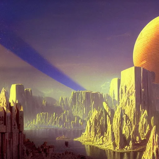 Image similar to a view of the alien civilization city. painted by, mc escher, gordon onslow ford, georgia o'keeffe and ivan aivazovsky, cinematic light, god rays, colourful, unreal engine.