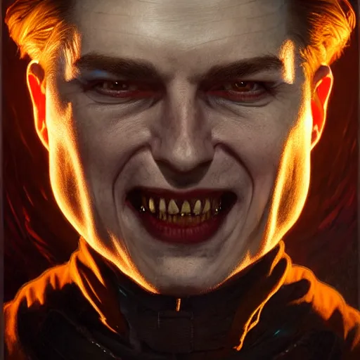 Image similar to portrait painting of joseph quinn eddie munson as a vampire, ultra realistic, concept art, intricate details, eerie, highly detailed, photorealistic, octane render, 8 k, unreal engine. art by artgerm and greg rutkowski and charlie bowater and magali villeneuve and alphonse mucha