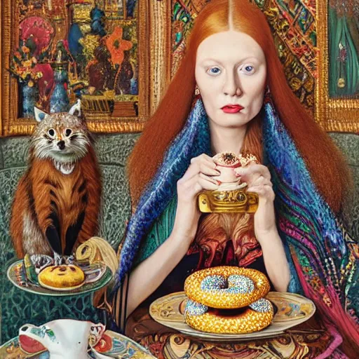 Prompt: a stunning hyper-detailed painting by Chuck Close of a slender beautiful woman with straight long ginger hair and bangs, wearing a luxurious silk robe and retro eyeglasses and a ceremonial headpiece, posing with her large ginger tabby cat and raccoon and parrots on an elaborate throne in her high-ceiling Victorian living room, holding a porcelain parrot-shaped coffee mug and a donut, perfect eyes, fashion photography, dramatic cinematic lighting, octane render, IBEX Masters, unreal engine, 85 mm lens, paisley wallpaper