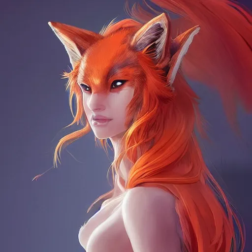 Image similar to A full-length portrait of a beautiful fire fox with nine tails，full of details, concept art, smooth, by Kittichai Rueangchaichan and wlop ，trending on cgsociety and artstation，8kHDR，light effect