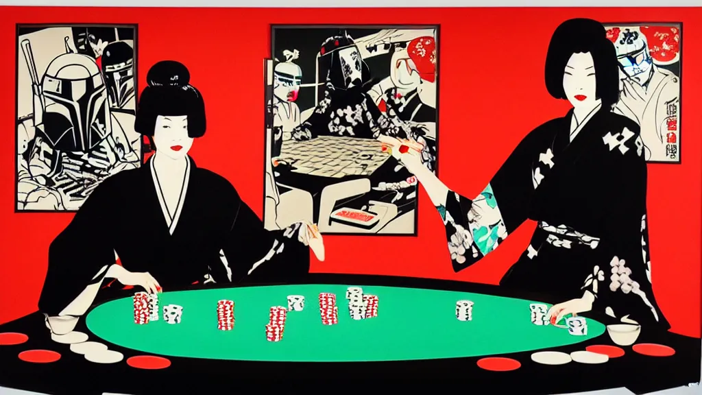 Image similar to woman in a black japanese kimono, sitting at an extremely detailed poker table with the boba fett, sake on the table, fireworks and stars on the background, by andy warhol, by roy liechtestein, canvas, acrylic paint, ivory palette, 4 k, ultra - hd