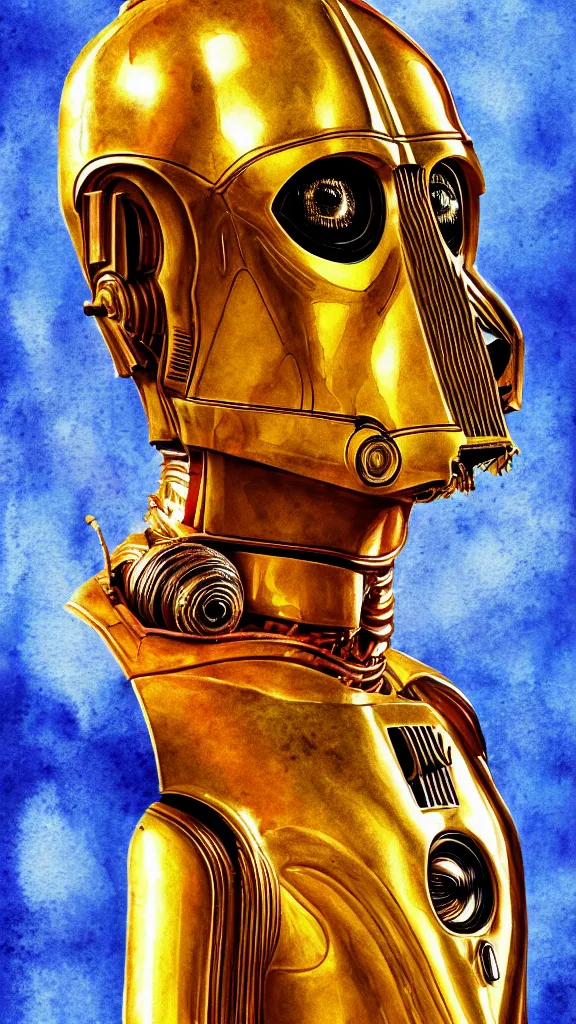 Prompt: a portrait of c - 3 po in a watercolor style. faded wash. color harmony, 8 k detail, gallery quality, hd wallpaper, premium prints available, hyper - detailed, intricate design.