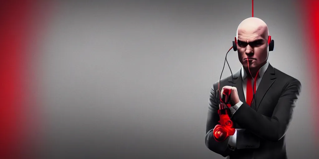 Prompt: agent 4 7 from hitman wearing headphones with wires everywhere listening to music, dark background, red rim light, smooth, sharp focus, art by irina french