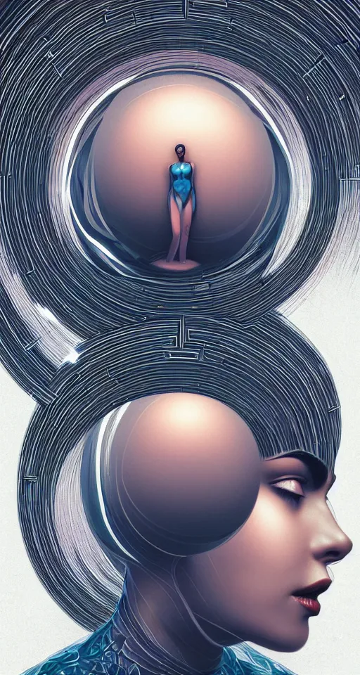 Image similar to art deco close up portait of head surrounded by spheres, digital painting curvalinear clothing cinematic dramatic fluid lines otherworldly vaporwave interesting details epic composition by artgerm