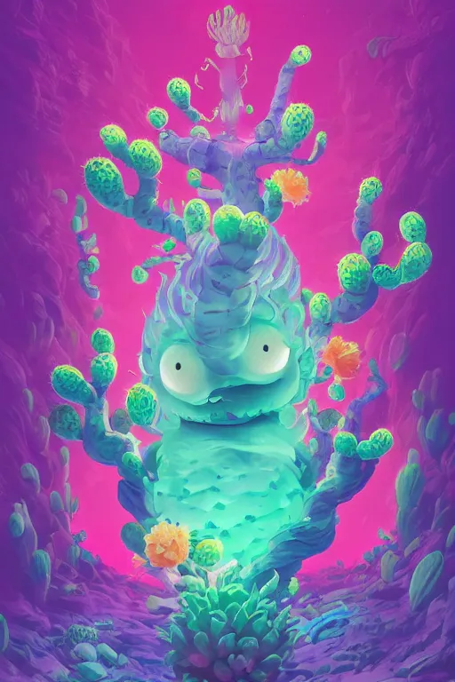 Image similar to roots cactus sushi cristal smurf ghost creature animal sushi cristal very big eye roots cactus elemental flush of force nature micro world fluo fishscale, behance hd by jesper ejsing, by rhads, makoto shinkai and lois van baarle, ilya kuvshinov, rossdraws radiating a glowing aura global illumination ray tracing hdr