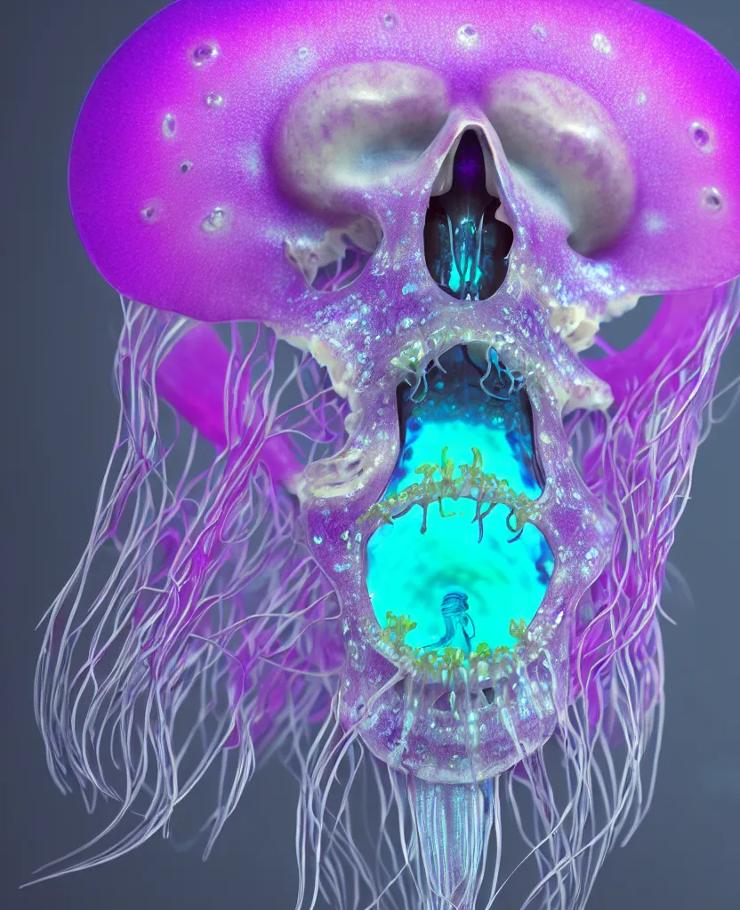 Image similar to close-up portrait. dichroic orchid jellyfish skull, betta fish, bioluminiscent creatures, intricate artwork by Tooth Wu and wlop and beeple. octane render, trending on artstation, greg rutkowski very coherent symmetrical artwork. cinematic, hyper realism, high detail, octane render, 8k