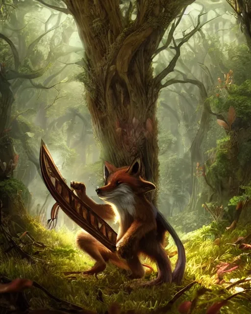 Image similar to Fox, Anthropomorphized, playing lyre in magical forest, magic the gathering artwork, D&D, fantasy, cinematic lighting, centered, symmetrical, highly detailed, digital painting, artstation, concept art, smooth, sharp focus, illustration, volumetric lighting, epic Composition, 8k, art by Akihiko Yoshida and Greg Rutkowski and Craig Mullins, heroic pose, oil painting, cgsociety