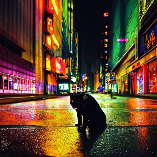 Image similar to a high quality low wide angle photo of a panther on the streets of a cyberpunk city, rainy, reflective ground, neon lights, realism, 8k