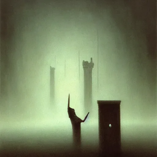 Prompt: arm reaching out of thick fog, talk buildings in background, intricate, zdzislaw beksinski