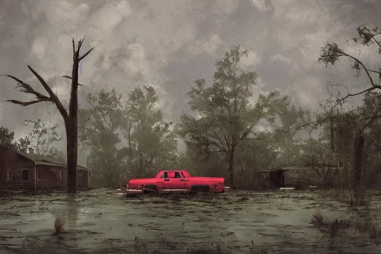 Image similar to scene from louisiana swamps, old protestant church with neon satanic pentagram, junkyard by the road, boy scout troop, voodoo artwork by tim eitel