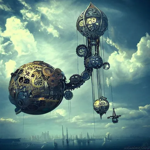 Prompt: flying city in a metal flower, sky, steampunk!!!, fantasy art, steampunk, masterpiece, octane