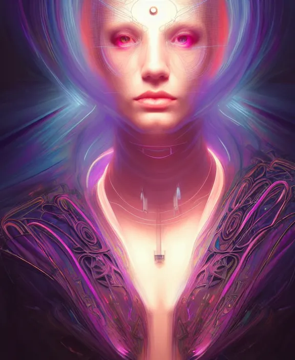 Image similar to a whirlwind of souls rushing inside the metaverse, hologram, half body, neurochip, shaved temple, piercing, jewelry, android, cyborg, cyberpunk face, by loish, d & d, fantasy, intricate, elegant, highly detailed, colorful, digital painting, artstation, concept art, art by artgerm and greg rutkowski and alphonse mucha