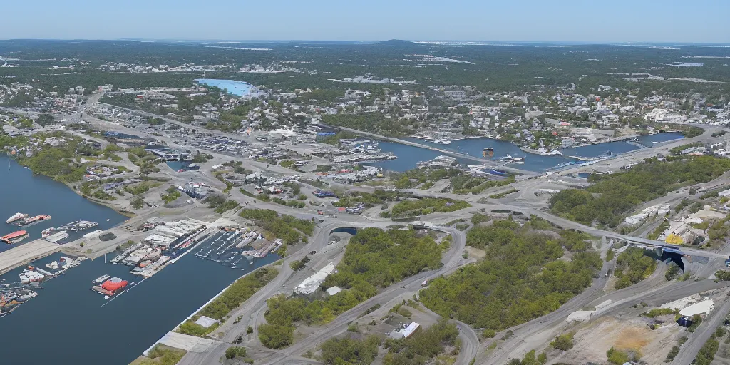 Prompt: bird's eye view of a city, trailer park, a road, bridge, and inlet with docking area.