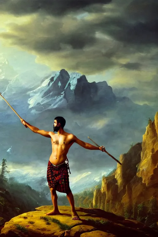 Prompt: an ethereal dramatic beautiful painting of a handsome shirtless desi man in the mountains | he is wearing a scottish plaid kilt and cowboy hat, and holding a long staff | epic adventurous pose | background is mountains and clouds | dramatic lighting, golden hour, homoerotic | by clyde aspevig and albert bierstadt and caspar david friedrich | trending on artstation