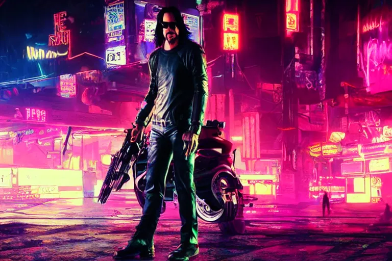 Prompt: Photo of Keanu Reeves on neon street in Cyberpunk 2077 Game, synthwave, artstation art, night, professional light