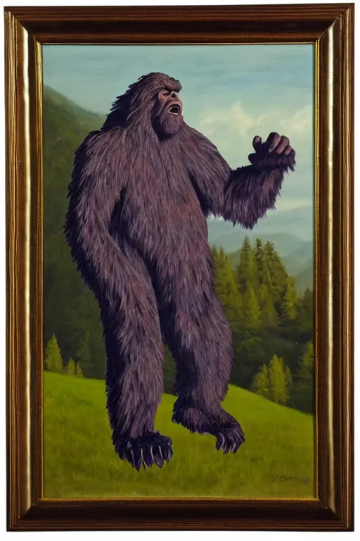 Image similar to an oil painting of Bigfoot in the style of a presidential portrait, national portrait gallery