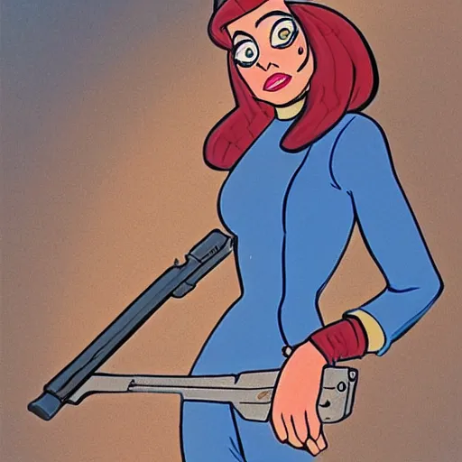 Prompt: young woman in city street holding a pistol, highly detailed Ralph Bakshi cartoon artstyle