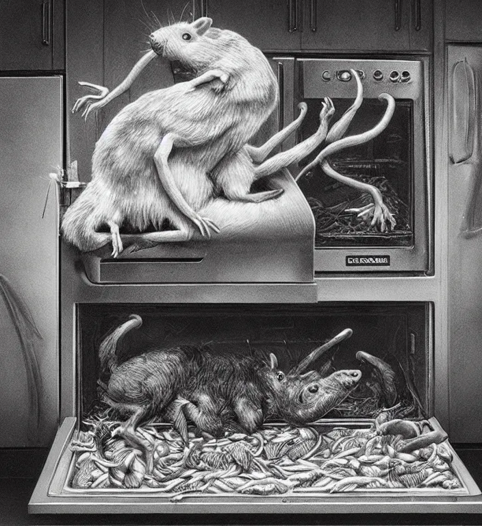 Prompt: woman puts a big rat in the oven 90s by Laurie Lipton, high detailed, realistic,dark surrealism, hyper detailed