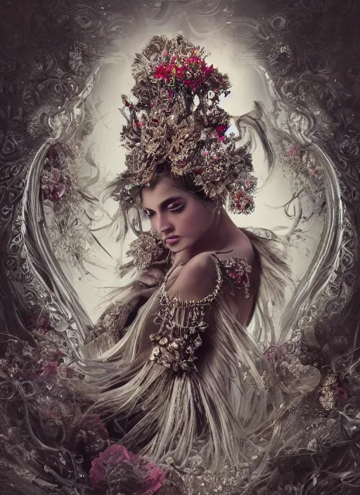 Image similar to expressive full body photo of a female model, ornate headpiece made from flowers, ornaments, glamour shot, by karol bak, by stefan gesell, photorealistic, canon r 3, fashion photography, hyper maximalist, elegant, ornate, luxury, elite, environmental portrait, symmetrical features, octane render, unreal engine, solid dark grey background, dramatic lights