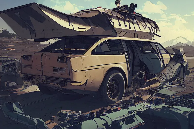 Prompt: dieselpunk digital illustration of mad max's bmw m 1 camper by makoto shinkai, ilya kuvshinov, lois van baarle, rossdraws, basquiat