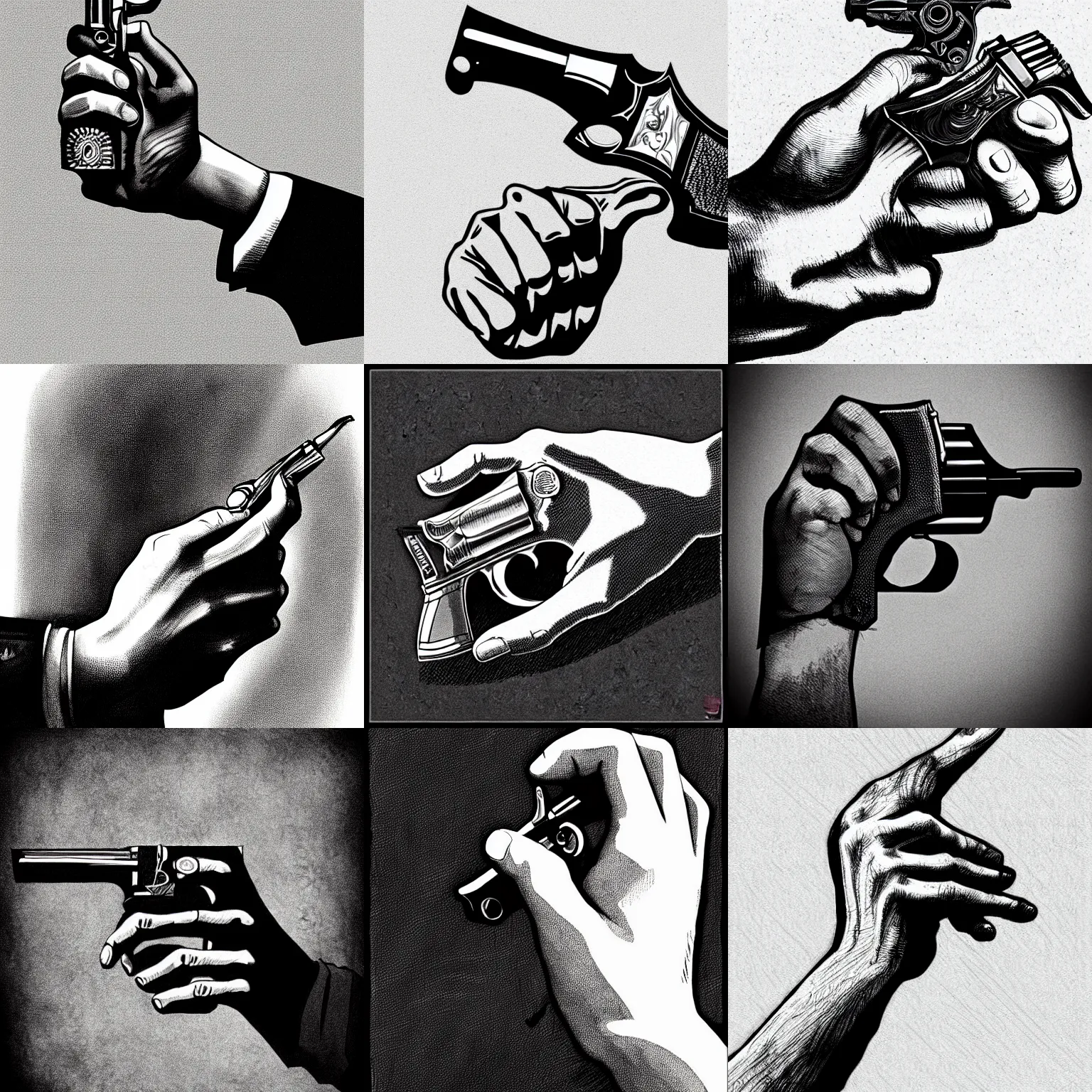 Prompt: pen and ink portrait of a hand gripping a revolver with its finger on the trigger, impressive scene. grainy and rough. black and white colour scheme. beautiful artistic detailed digital art