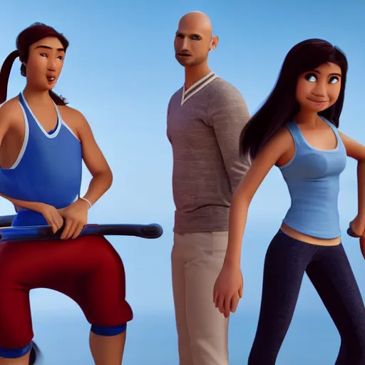 Image similar to young beautiful athletic Filipino woman with long hair standing beside a handsome caucasian athletic thin man with very short buzzed thinning hair, stubble beard on his face, blue eyes, they are posing, depicted as adult Pixar characters, high quality cg render, 4k