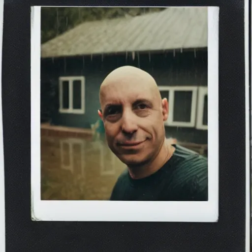 Image similar to old polaroid of a bald guy in the rain while a lighting strike hits his head