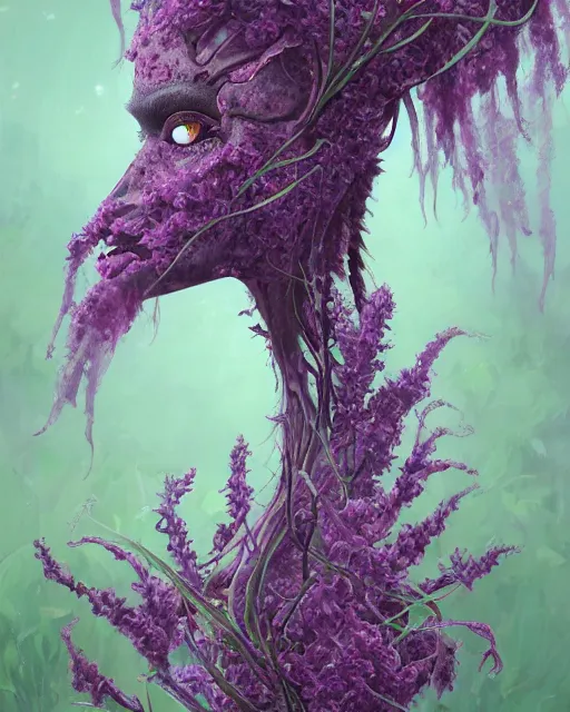 Image similar to Haunting horrifying detailed painting of a tall skinny extraterrestrial flower monster made of lilacs, roses, lilies and daffodils, telekinetic aura, magical powers, and bloodshot eyeballs, hyper detailed, trending on Artstation