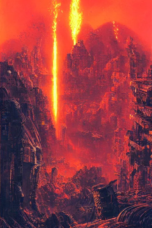 Image similar to a cyberpunk city in the crater of a volcano, lava flowing, smoke, fire, neon, clubs, industrial, by paul lehr, jesper ejsing