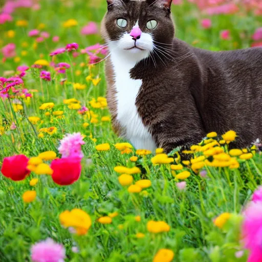 Image similar to a professional photograph of a cat in a field of flowers, high quality, highly detailed, cute, HD, 8K