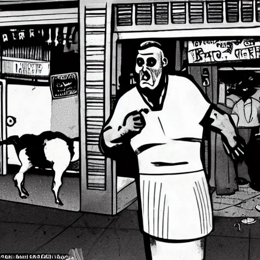 Image similar to big butcher man posing scarily and angrily, about to chase, earie setting, in a butcher shop, horror, hyperdetailed