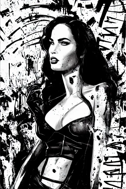 Image similar to dream of a film still from sin city, closeup portrait of film noir megan fox private detective, detailed illustration, digital art, trending on artstation, frank miller, martin ansin, movie poster, dripping paint, red on black, graffiti, gta v,