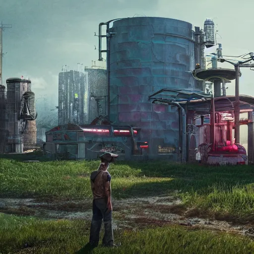 Prompt: fully detailed landscape of a cyberpunk farm , watertank, futuristic tractors, farmhouse, mushroom, overgrowth, Ai , in the future, high quality, 8k , octane render, trending on artstation , greg rutowski