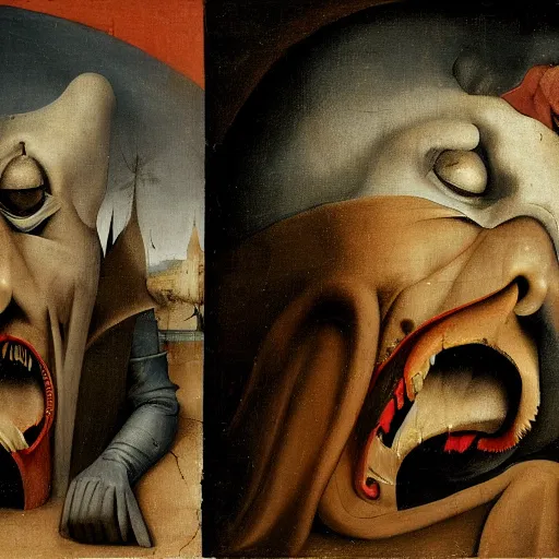 Image similar to portrait of the joker, drama, chaos matte painting by hieronymus bosch and zidislaw beksinsky