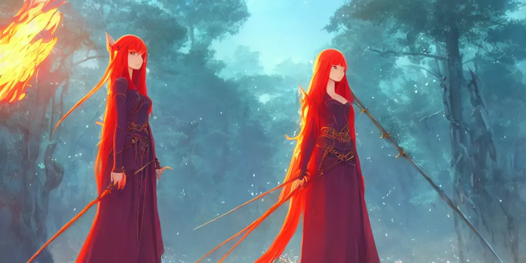 Image similar to an elven sorceress with red long hair in a very good beautiful heavy scale armor, wearing a cape, casting a fire spell, dungeon background, magical, bright, colorful, fantastic lighting, amazing details, 4 k uhd, illustration by hayao miyazaki and makoto shinkai and ilya kuvshinov, artstation, pixiv,