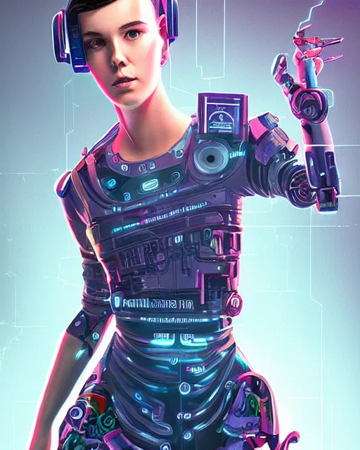 Prompt: cyberpunk millie bobby brown as a robot by rossdraws