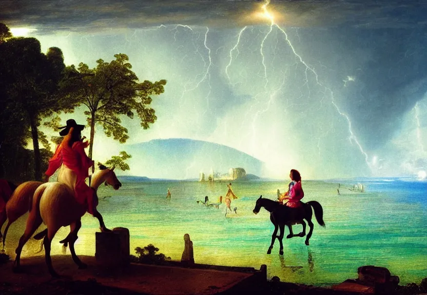 Image similar to Girl riding the horse on the palace bridge, refracted sparkles, thunderstorm, greek pool, beach and Tropical vegetation on the background major arcana sky, by paul delaroche, hyperrealistic 4k uhd, award-winning, very very very detailed