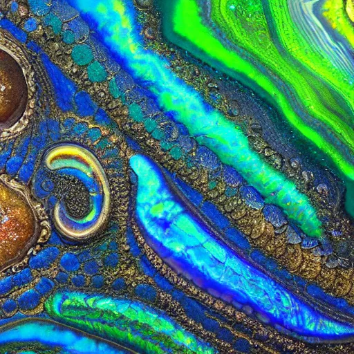 Image similar to Art Nouveau cresting oil slick waves, hyperdetailed bubbles in a shiny iridescent oil slick wave, ammolite, detailed giant opalized ammonite shell, black opal, abalone, paua shell, ornate copper patina medieval ornament, rococo, oganic rippling spirals, octane render, 8k 3D, druzy geode, cresting waves and seafoam