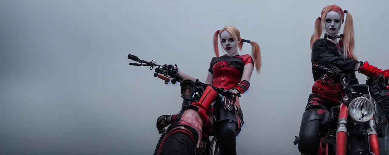 Image similar to real-life Harley Quinn riding a motorcycle holding a baseball bat, cinematic, Low angle, atmospheric fog and lighting