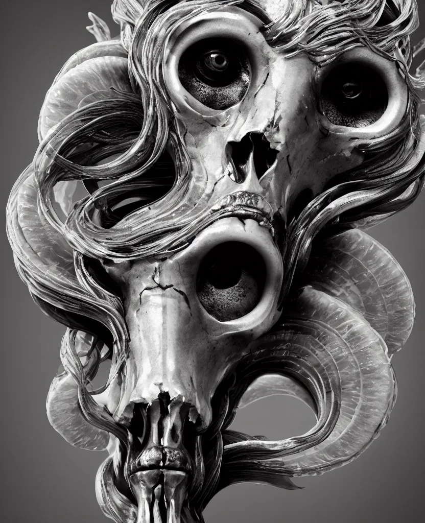 Image similar to goddess princess face close-up portrait ram skull. sculpture made of black obsidian. jellyfish phoenix head, nautilus, orchid, skull, betta fish, bioluminiscent creatures, intricate artwork by Tooth Wu and wlop and beeple. octane render, trending on artstation, greg rutkowski very coherent symmetrical artwork. cinematic, hyper realism, high detail, octane render, 8k