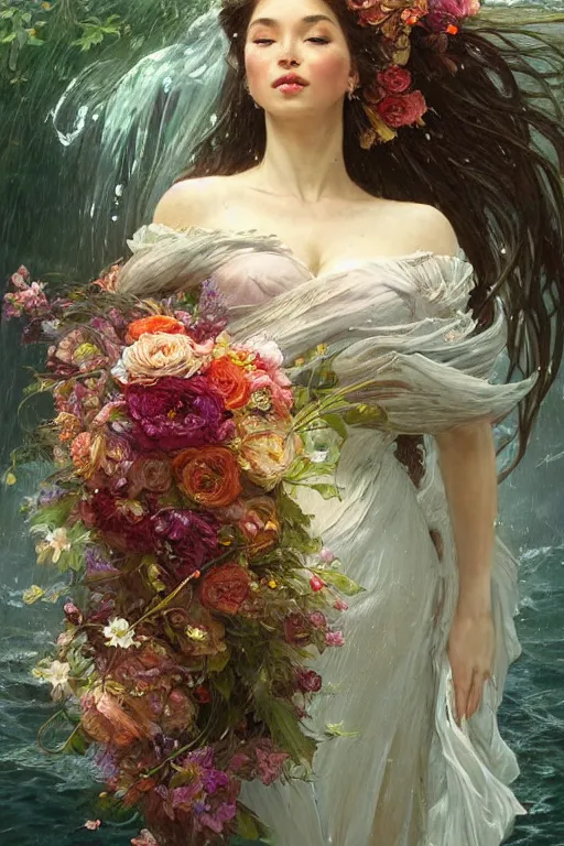 Prompt: portrait of a beautiful mysterious woman holding a large bouquet of flowing flowers, wet dripping long hair, hands disappeared under the bouquet, emerging from the water, fantasy, regal, intricate, by stanley artgerm lau, greg rutkowski, thomas kindkade, alphonse mucha, loish, norman rockwell