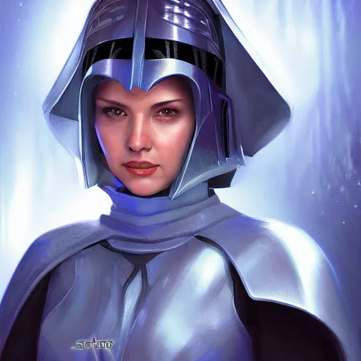 Prompt: head and shoulders portrait of a female knight, jedi, robes, blue lightsaber, young ashley judd, star wars, by artgerm, face detail, extremely detailed, digital illustration