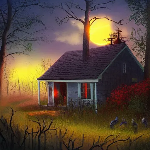 Image similar to cottage inspired by Evgeny Lushpin,overgrown,hunted,spooky, Halloween October, sunset