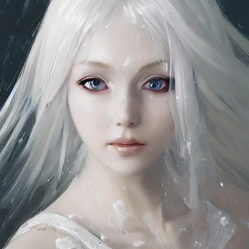 Image similar to Portrait of a white haired anime girl wearing a wet white lace nightgown, intricate, highly detailed, smooth, close-up, artstation, digital illustration by Ruan Jia