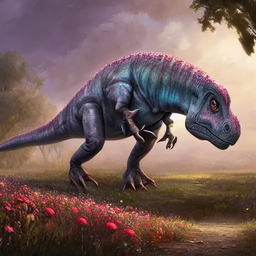 Image similar to Beautiful digital painting of monumental herbivorous dinosaur covered with flowers by Greg Rutkowski and James Gurney, trending on Artstation, deviantart, ultra detail, flower dinosaur