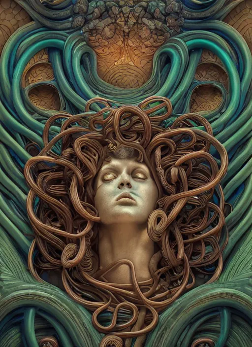 Prompt: medusa, subsurface scattering, wooden art nouveau swirls, strong subsurface scattering, cables, tubes, subsurface scattering, in the style of james jean and tomasz alen kopera and beeple, subsurface scattering, mystical colors, rim light, soft lighting, 8 k, stunning scene, raytracing, octane render, trending on artstation