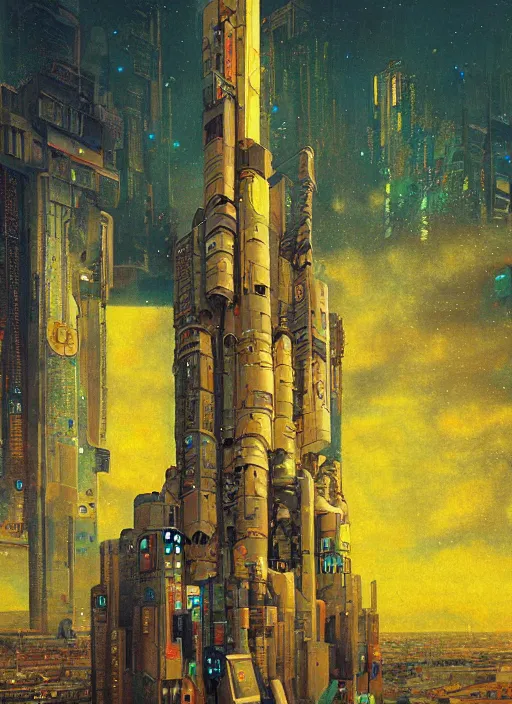 Prompt: a painting of a giant robot standing in front of a city, cyberpunk art by beeple art by gustav klimt, behance contest winner, nuclear art, dystopian art, apocalypse art, sci - fi